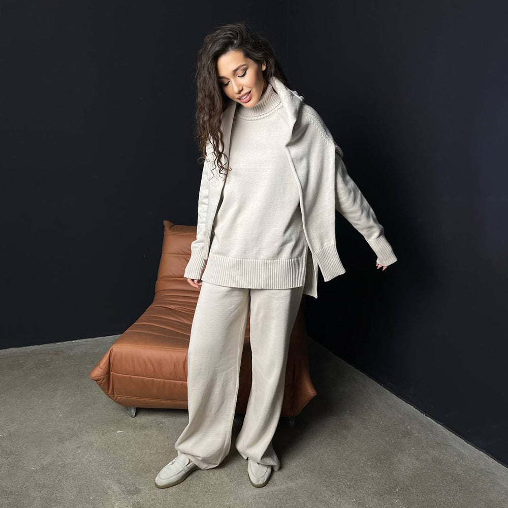 Damen Strick-Loungewear-Set mit hohem Kragen und weitem Schnitt WW