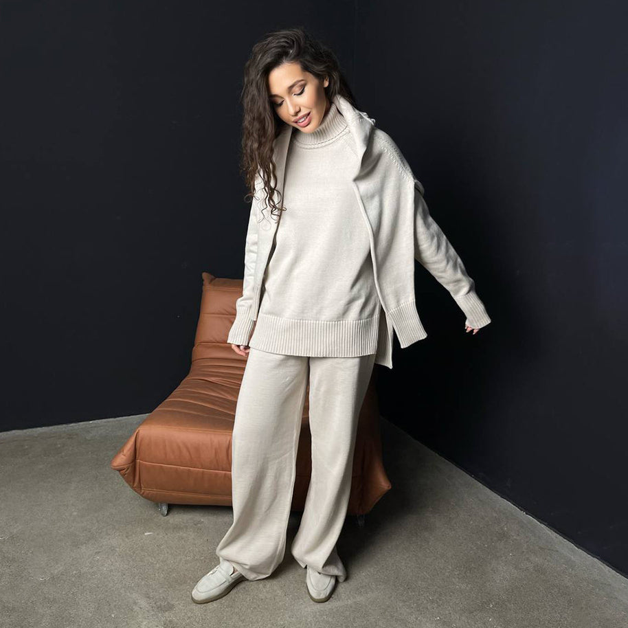 Damen Strick-Loungewear-Set mit hohem Kragen und weitem Schnitt WW