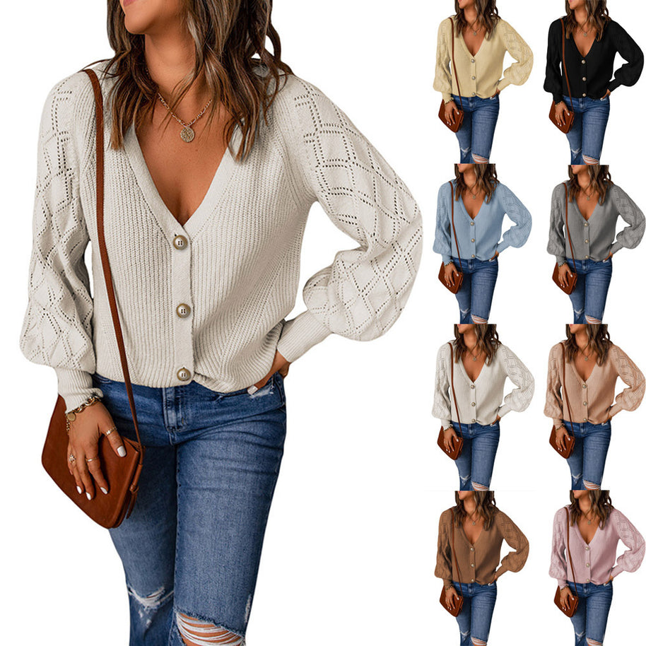 Damen Strickjacke mit V-Ausschnitt und Puffärmeln WW