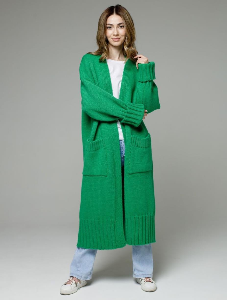 Damen bequemer langer Strickcardigan mit Taschen und breiten Ärmeln WW