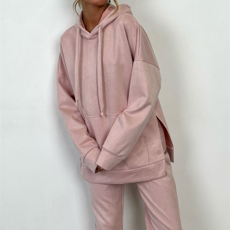 Damen sportliches Fleece-Lounge-Set mit übergroßem Hoodie und elastischen Hosen WW