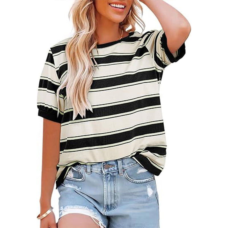 Damen lässiges Streifen T-Shirt mit Kurzarm und Rundhalsausschnitt WW