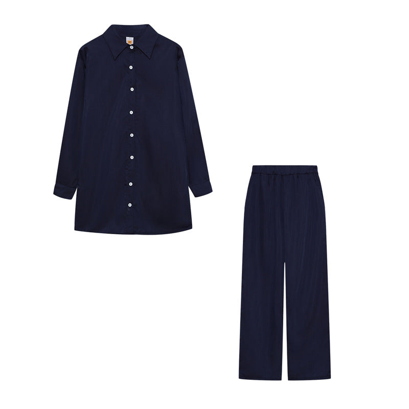 Damen Satin Pyjama Set mit langärmliger Bluse und weiten Hosen WW