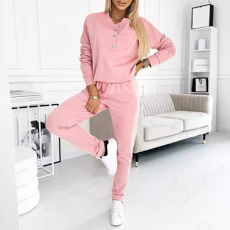 Damen Bequemes Freizeitanzug Set mit Knopfdetails WW