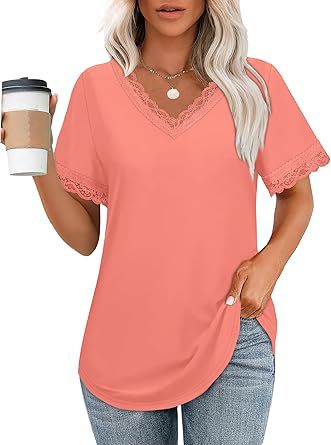 Damen V-Ausschnitt T-Shirt mit Spitzendetails WW