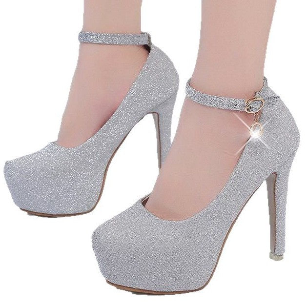 Damen Glitzernde Plateau-Pumps mit feinem Riemchen und elegantem Schmuckdetail W&W Mode