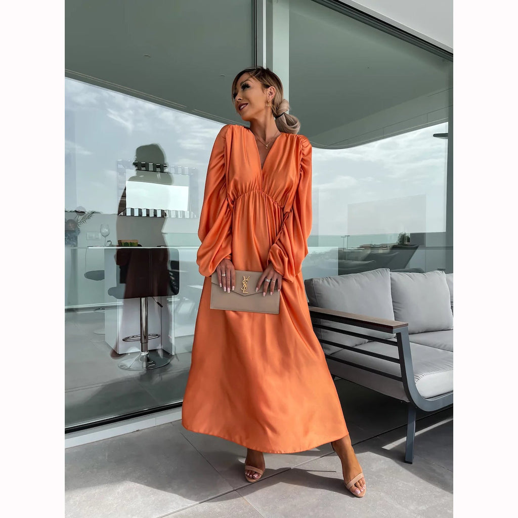 WW | Sommer Macaron Plissierte V-Ausschnitt Maxi Kleid