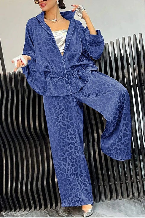 Damen sportlicher Freizeitanzug mit elegantem Leopardenmuster und weiten Hosen WW