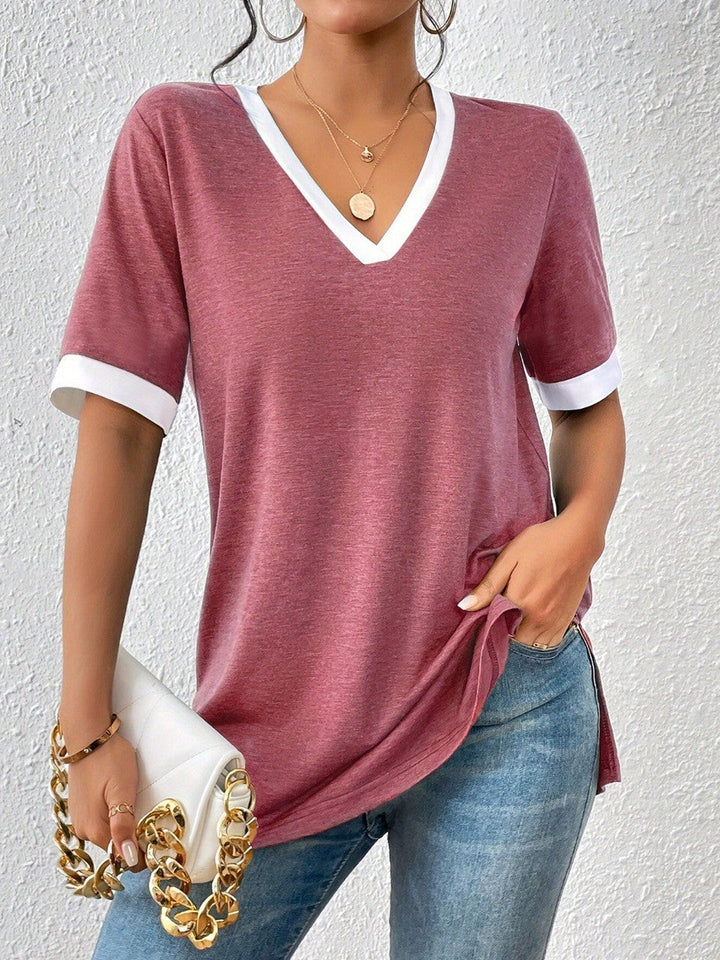 Damen V-Ausschnitt Shirt mit Kontrastärmeln und bequemer Passform W&W Mode