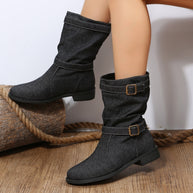 Damen Stiefeletten mit modischem Falten-Design und verstellbarem Riemen WW