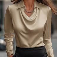 Damen Seidene Bluse mit schickem Wasserfall-Ausschnitt und lange Ärmel WW