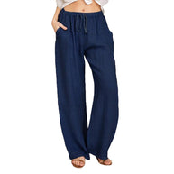 Damen weite Leinenhose mit elastischem Bund und praktischen Taschen WW