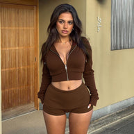 Damen Sportliches Kurz-Crop-Set mit Reißverschluss und elastischem Bund WW