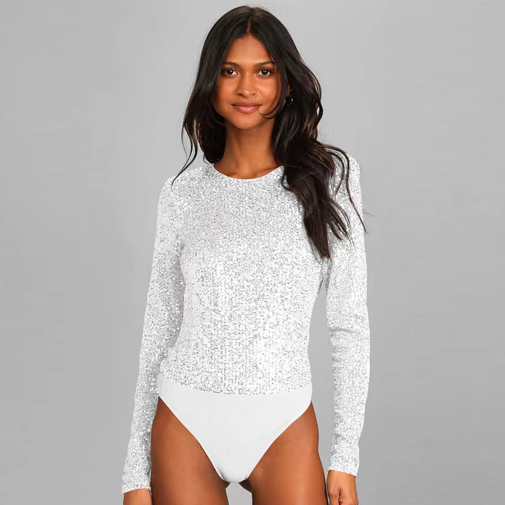 Damen Glitzernder Body mit langen Ärmeln und elegantem Design WW