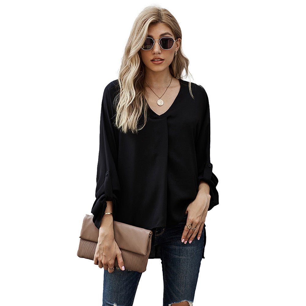 Damen Bluse mit V-Ausschnitt und lässigen langen Ärmeln W&W Mode