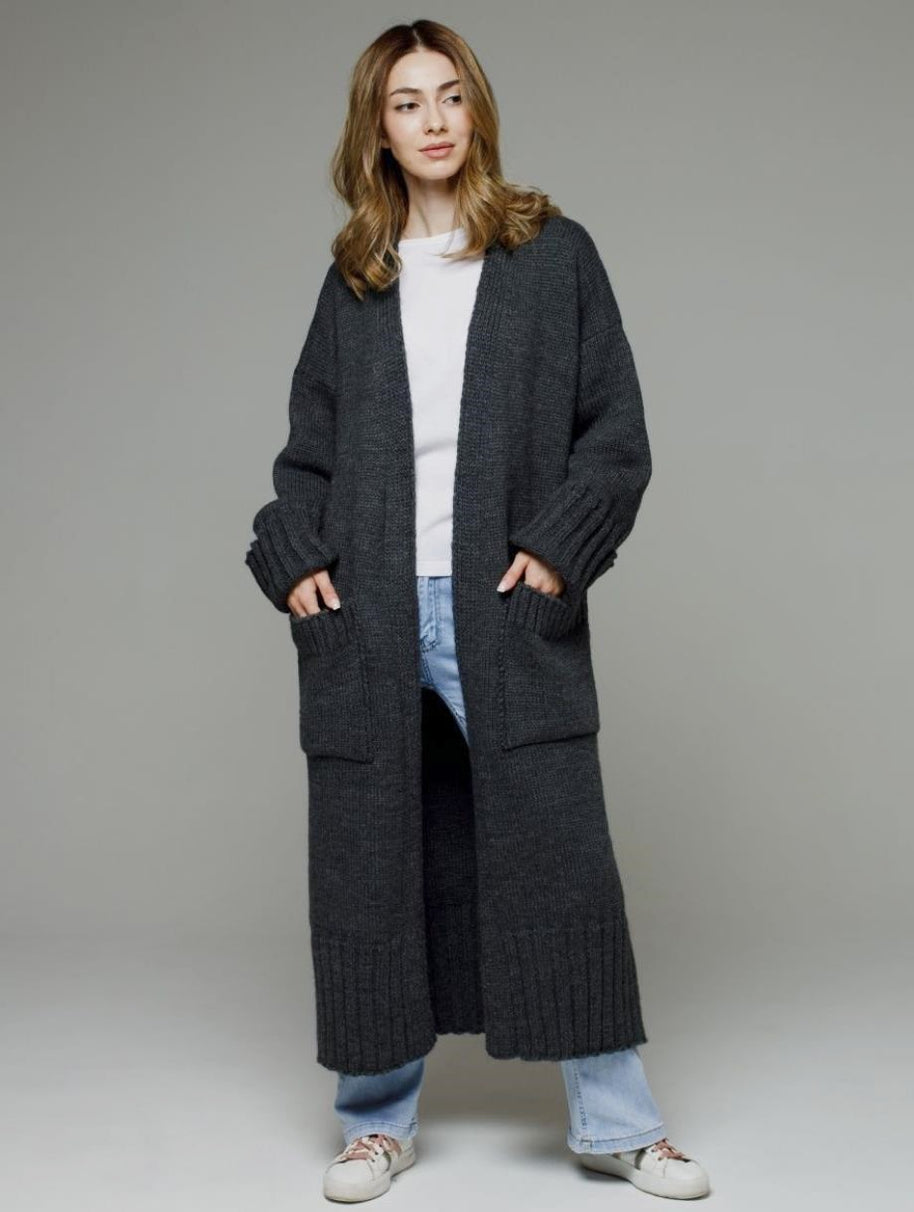 Damen bequemer langer Strickcardigan mit Taschen und breiten Ärmeln WW