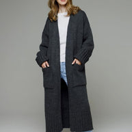 Damen bequemer langer Strickcardigan mit Taschen und breiten Ärmeln WW