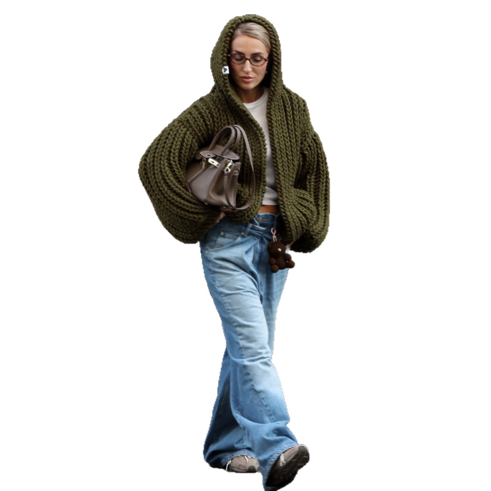 Damen Strickjacke mit oversize Schnitt und Kapuze WW