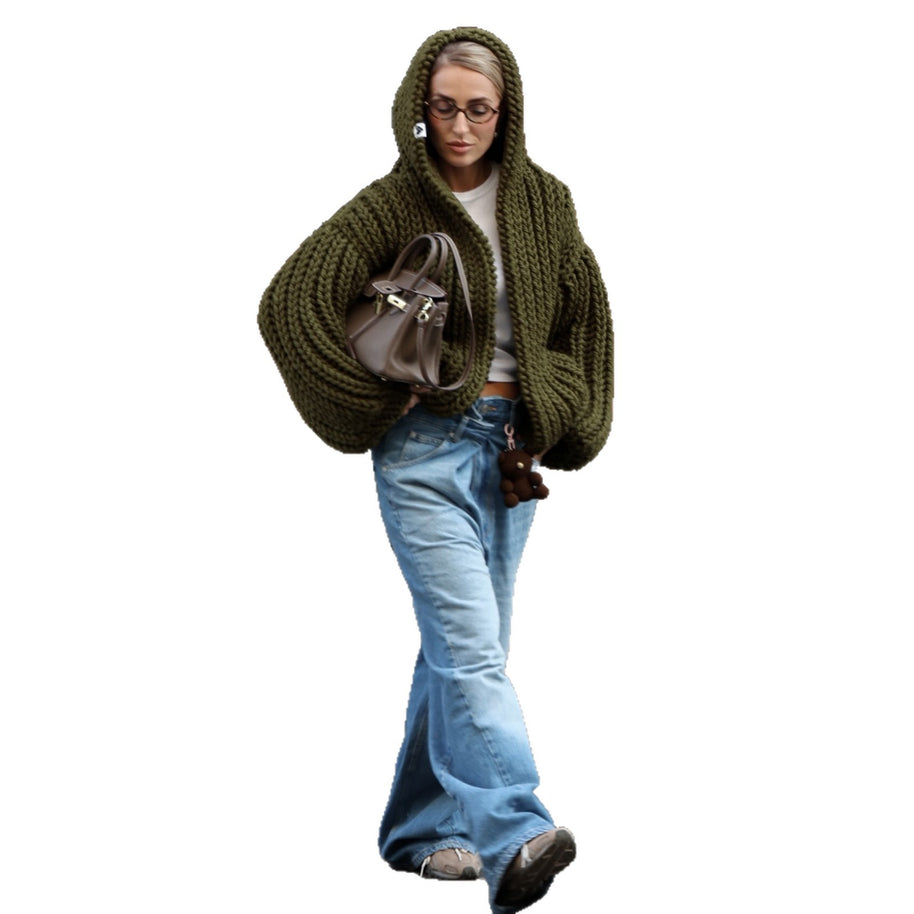 Damen Strickjacke mit oversize Schnitt und Kapuze WW