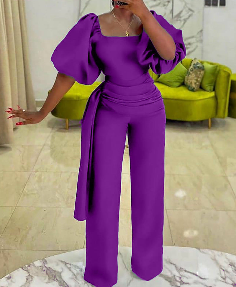 Damen Elegantes Jumpsuit mit Puffärmeln und Taillengürtel WW
