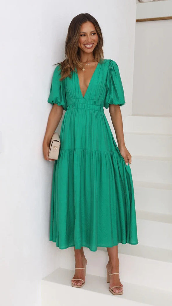 WW | Lässige Trends Sommer V-Ausschnitt Figurbetont Taillenkleid Midilänge