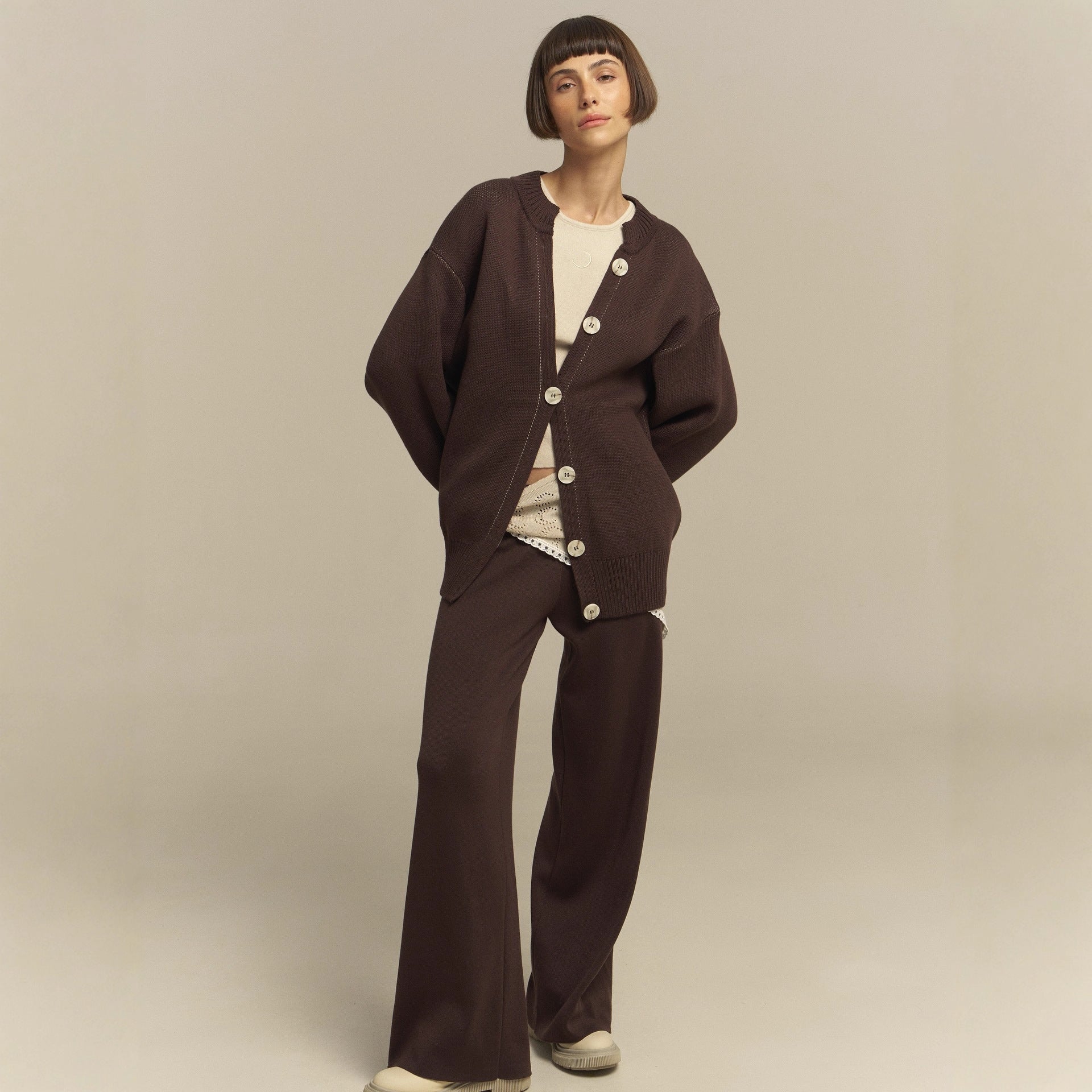 Damen bequemer Oversized-Pullover und lässige Palazzohose Set WW