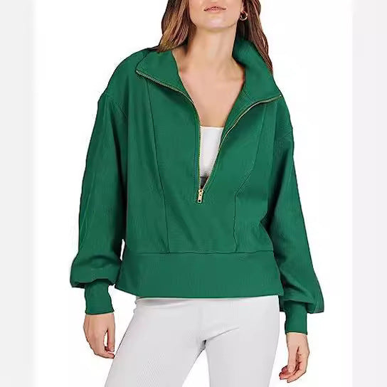 Damen sportlicher Fleece-Pullover mit Reißverschluss und lässigem Schnitt WW