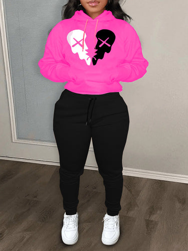 Damen Sportliches Hoodie- und Jogginghose-Set mit kreativem Skull-Motiv WW