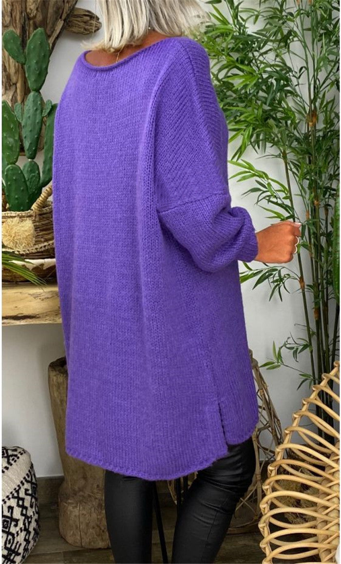 Damen lässiger Langarmstrickpullover im Oversized-Stil mit seitlichen Schlitzen W&W Mode