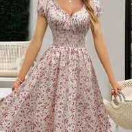 Damen Floral Midi-Kleid mit elastischem Bund und Puffärmeln WW