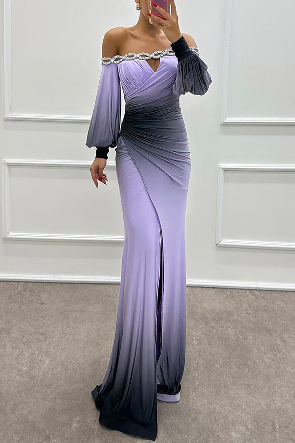 Damen Off-Shoulder Abendkleid mit drapierter Taille und funkelnden Applikationen WW