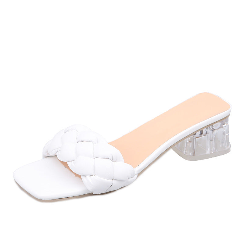 Damen Mules mit geflochtenem Riemen und transparentem Blockabsatz WW