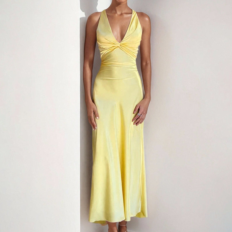 Damen Elegantes Maxikleid mit tiefem V-Ausschnitt und Raffung WW