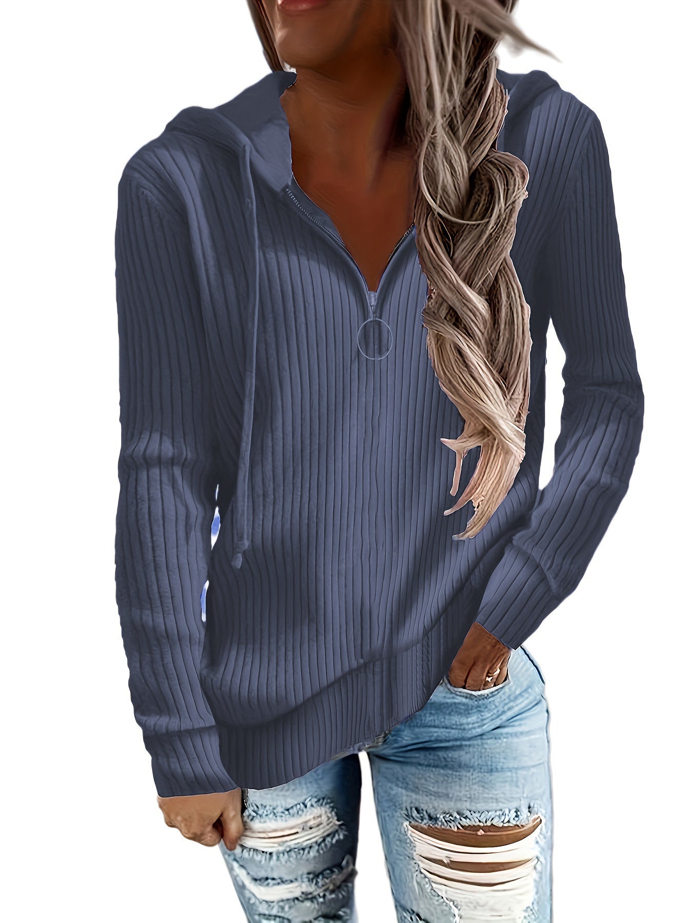 Damen Kapuzenpullover im eleganten Rippdesign mit praktischem Reißverschluss WW