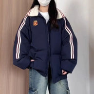 Damen Sportliche Pufferjacke mit kontrastierenden Streifen und hohem Kragen WW