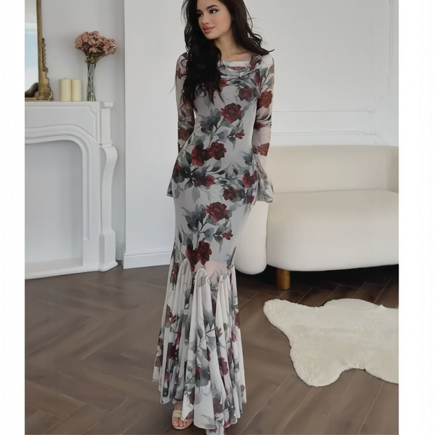 WW | Blumenmuster Langarm Langrock Kleid