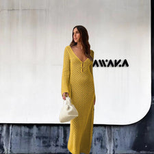 Damen Strick-Maxikleid mit tiefem V-Ausschnitt und modischen Rüschendetails WW