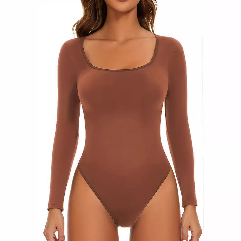 Damen Langarm Bodysuit mit tiefem Rundhalsausschnitt und figurbetontem Schnitt WW