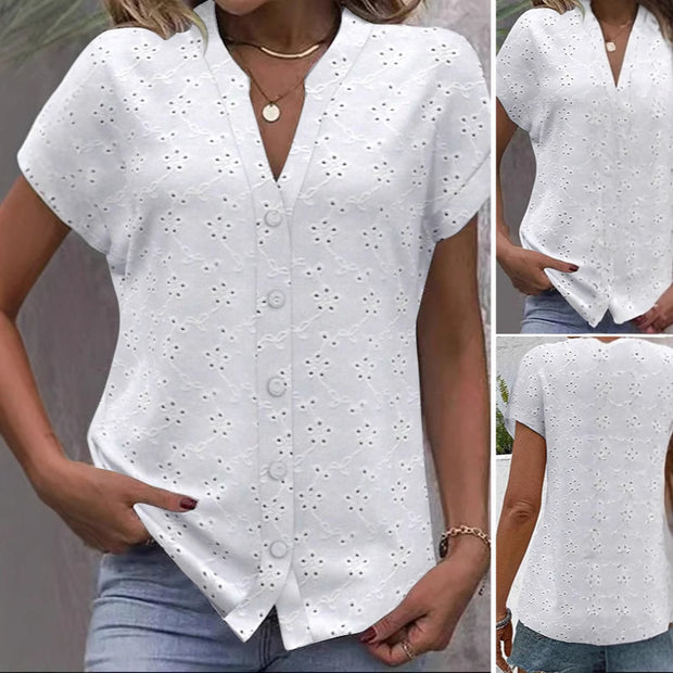 Damen luftige Bluse mit floralen Lochstickereien und durchgehender Knopfleiste WW