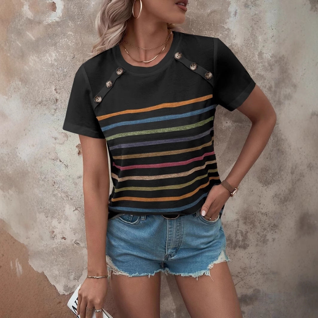 Damen gestreiftes T-Shirt mit modischen Knopfdetails und Rundhalsausschnitt WW
