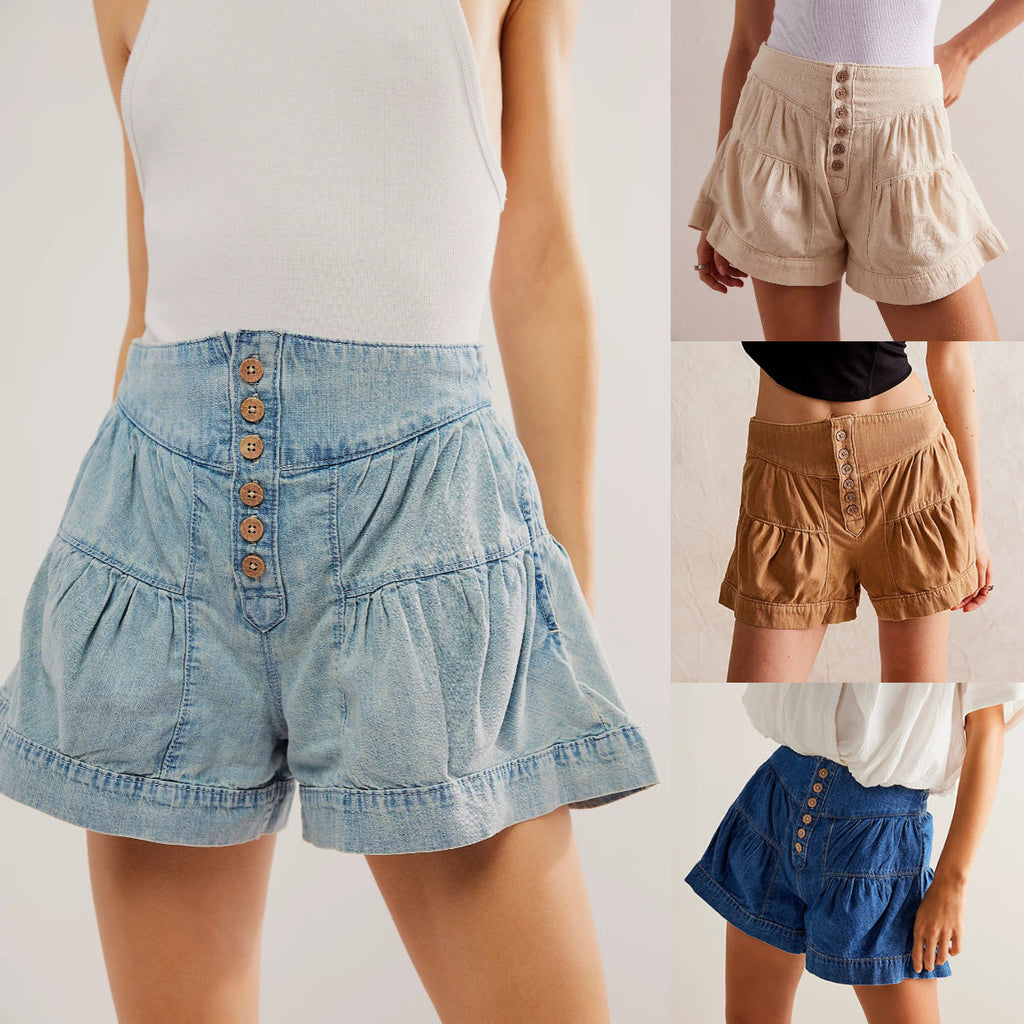 WOLFF | Rüsche Edge Freizeit Elastisch Tasche Denim Shorts