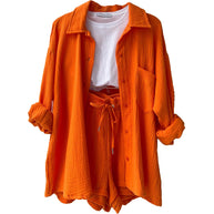 Damen lässiges Sommer-Outfit mit moderner Knopfleiste und elastischem Bund WW