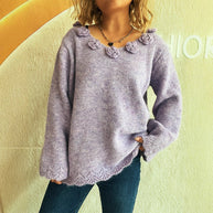 Damen Pullover mit romantischen Rosenapplikationen und weitem Schnitt WW