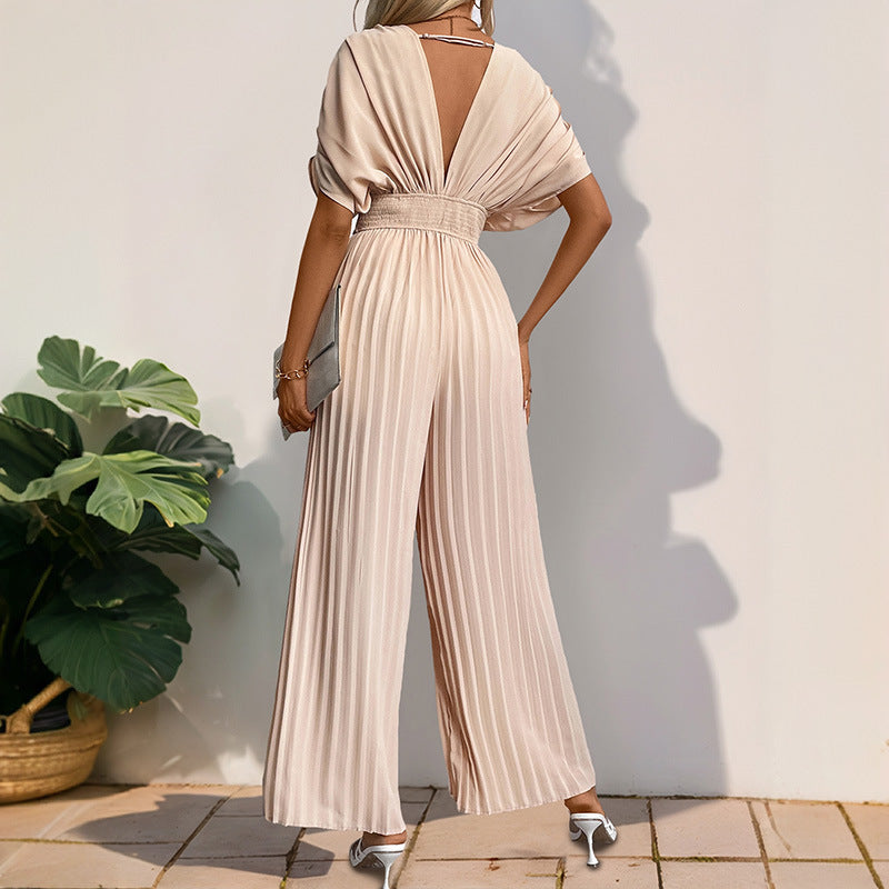 Damen Eleganter Jumpsuit mit tiefem V-Ausschnitt und voluminösen Ärmeln WW