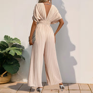 Damen Eleganter Jumpsuit mit tiefem V-Ausschnitt und voluminösen Ärmeln WW