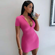 Damen figurbetontes Kleid mit Reißverschluss und kurzem Ärmel WW
