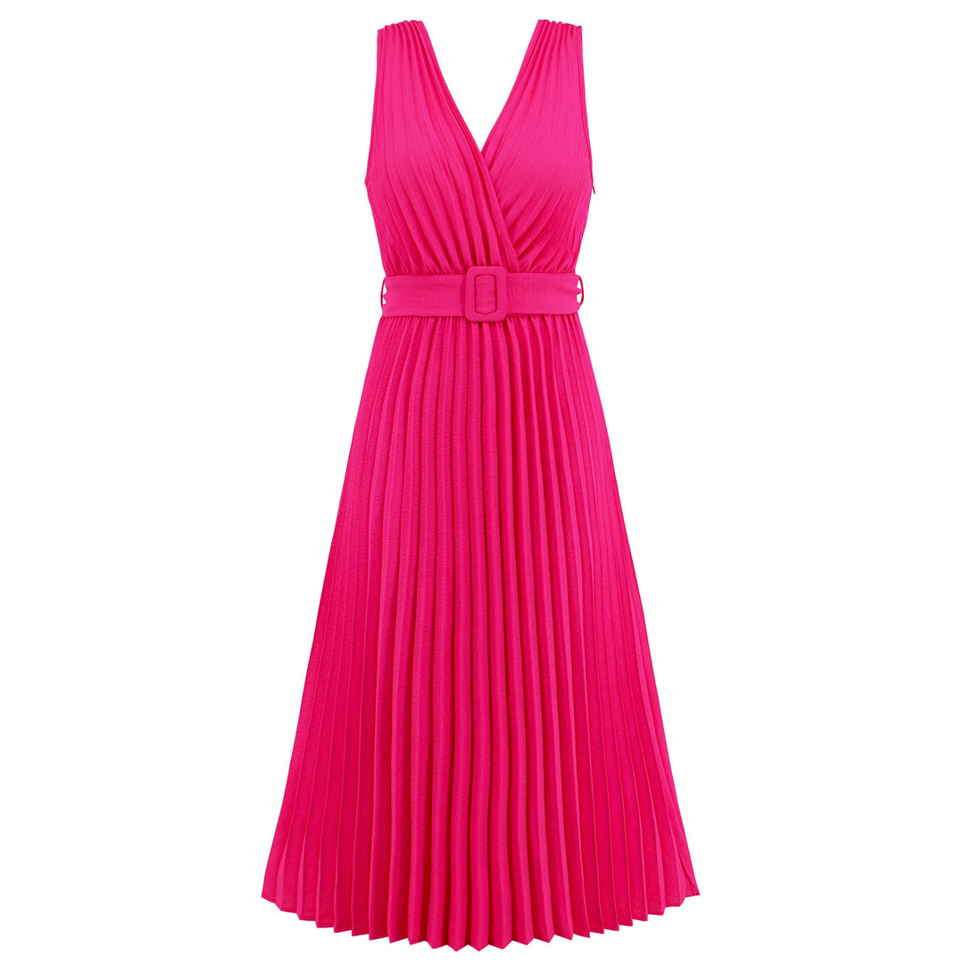 Damen Plissee Maxikleid mit taillierbarem Gürtel und elegantem V-Ausschnitt W&W Mode