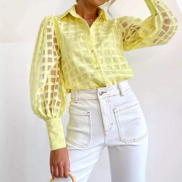 Damen Kariertes Hemd mit transparenten Puffärmeln W&W Mode