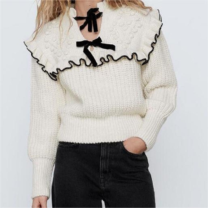 Damen Strickpullover mit Rüschenkragen und dekorativen Schleifen WW