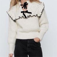 Damen Strickpullover mit Rüschenkragen und dekorativen Schleifen WW
